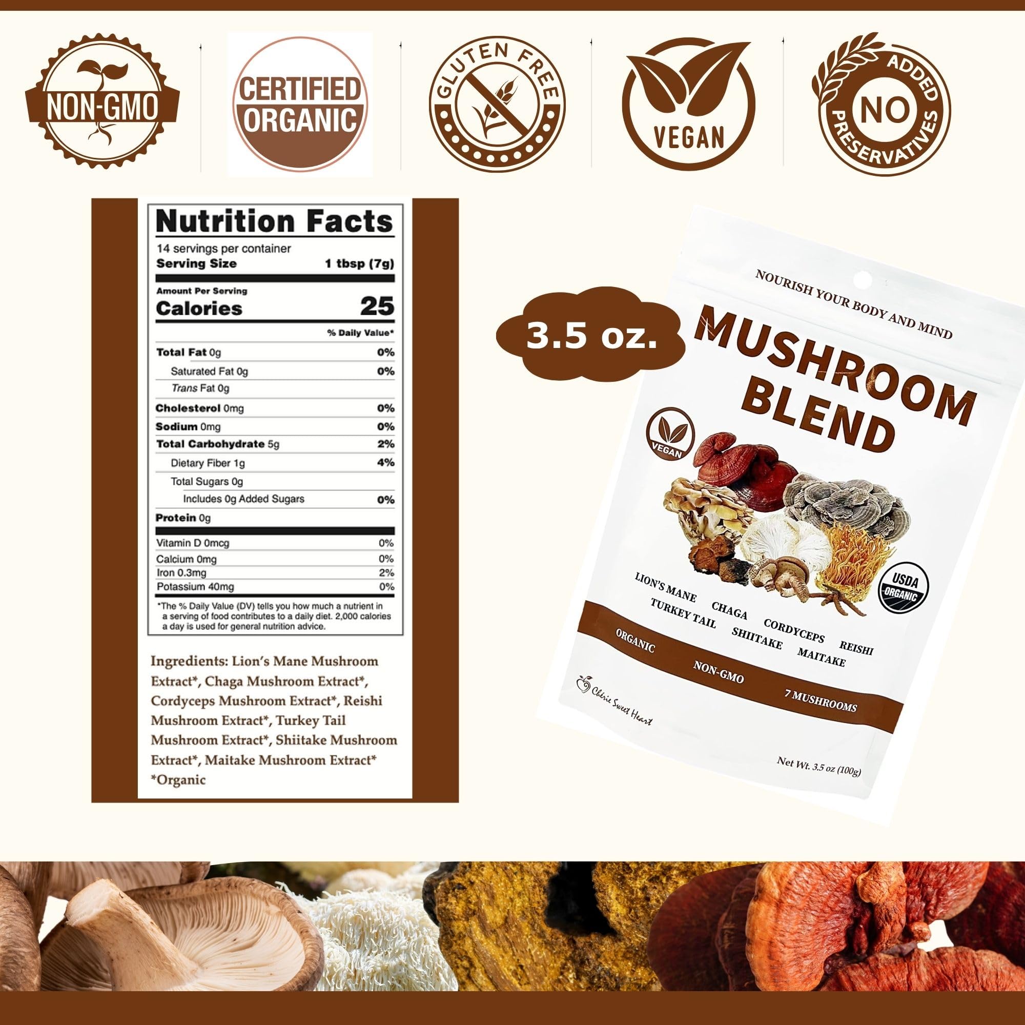 Label close-up shows USDA Organic certification for Cherie Sweet Heart 7 Mushroom Powder.