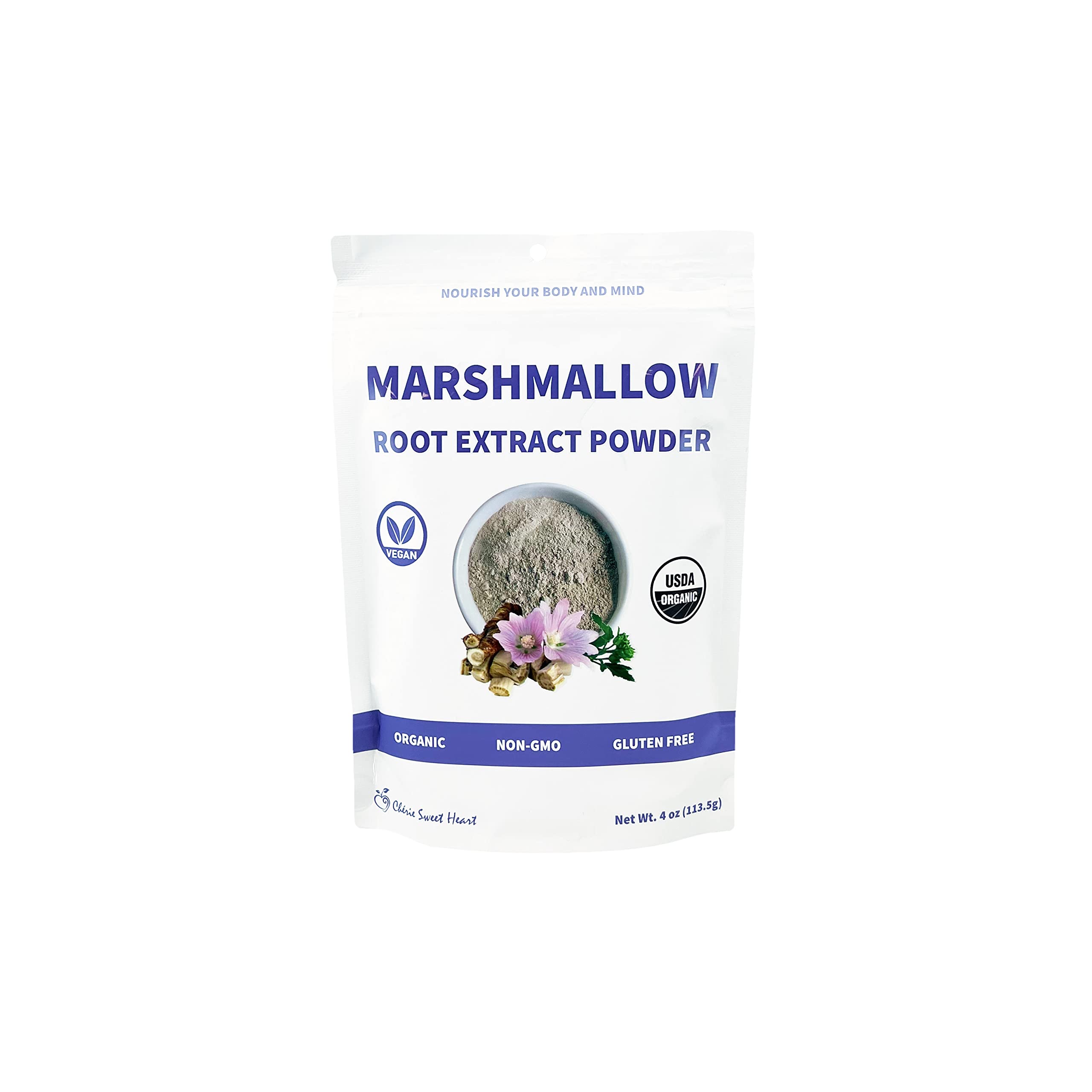 Chérie Sweet Heart marshmallow root powder jar for soothing drinks and desserts.