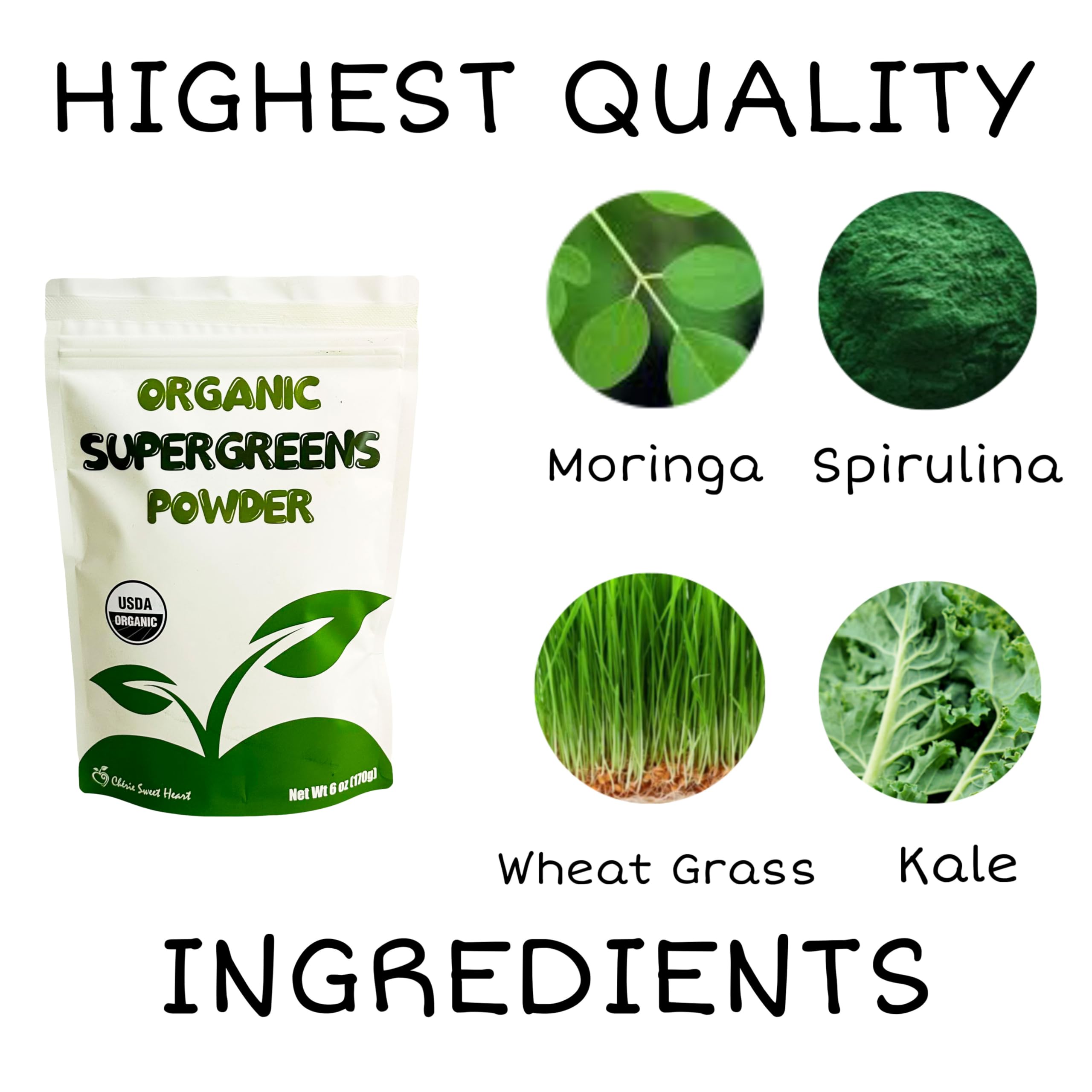 Chérie Sweet Heart organic greens packaging emphasizes USDA organic and gluten-free.