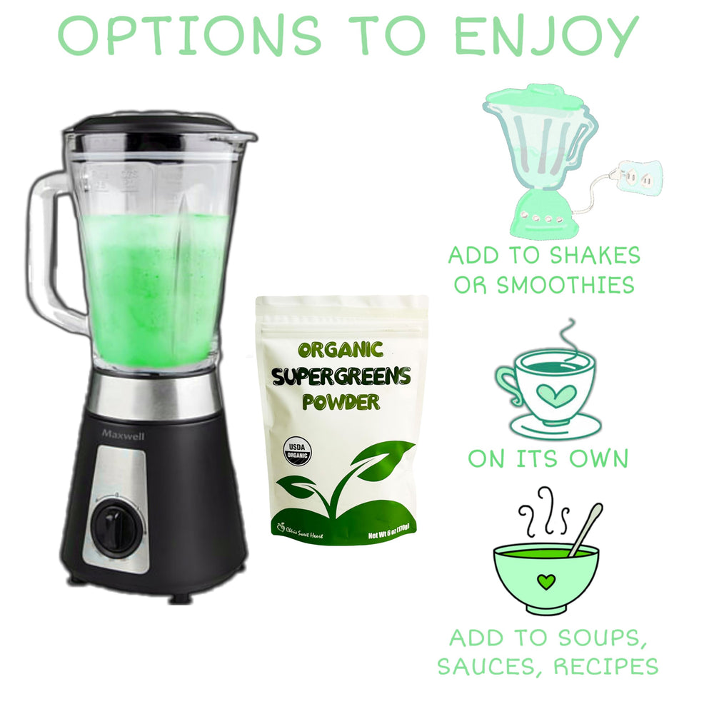 Chérie Sweet Heart blend of wheat grass, kale, moringa, spirulina for vibrant color.