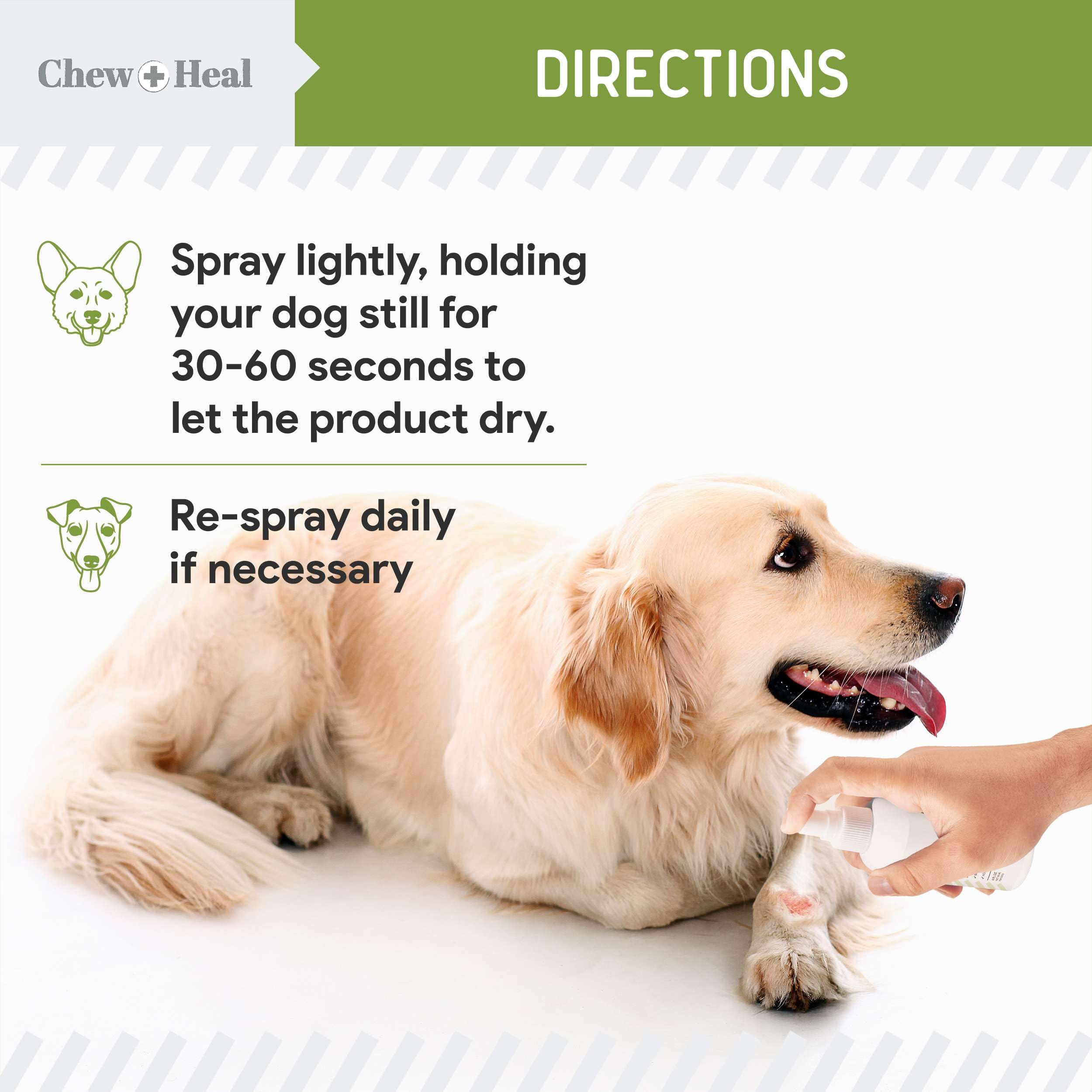 Chew + Heal Labs easy-application spray for restless dogs with minor injuries.