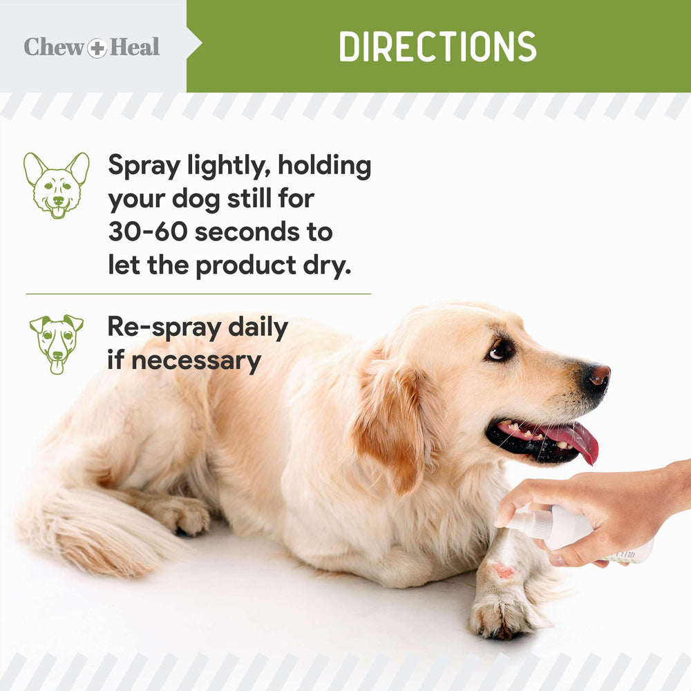 Chew + Heal Labs easy-application spray for restless dogs with minor injuries.