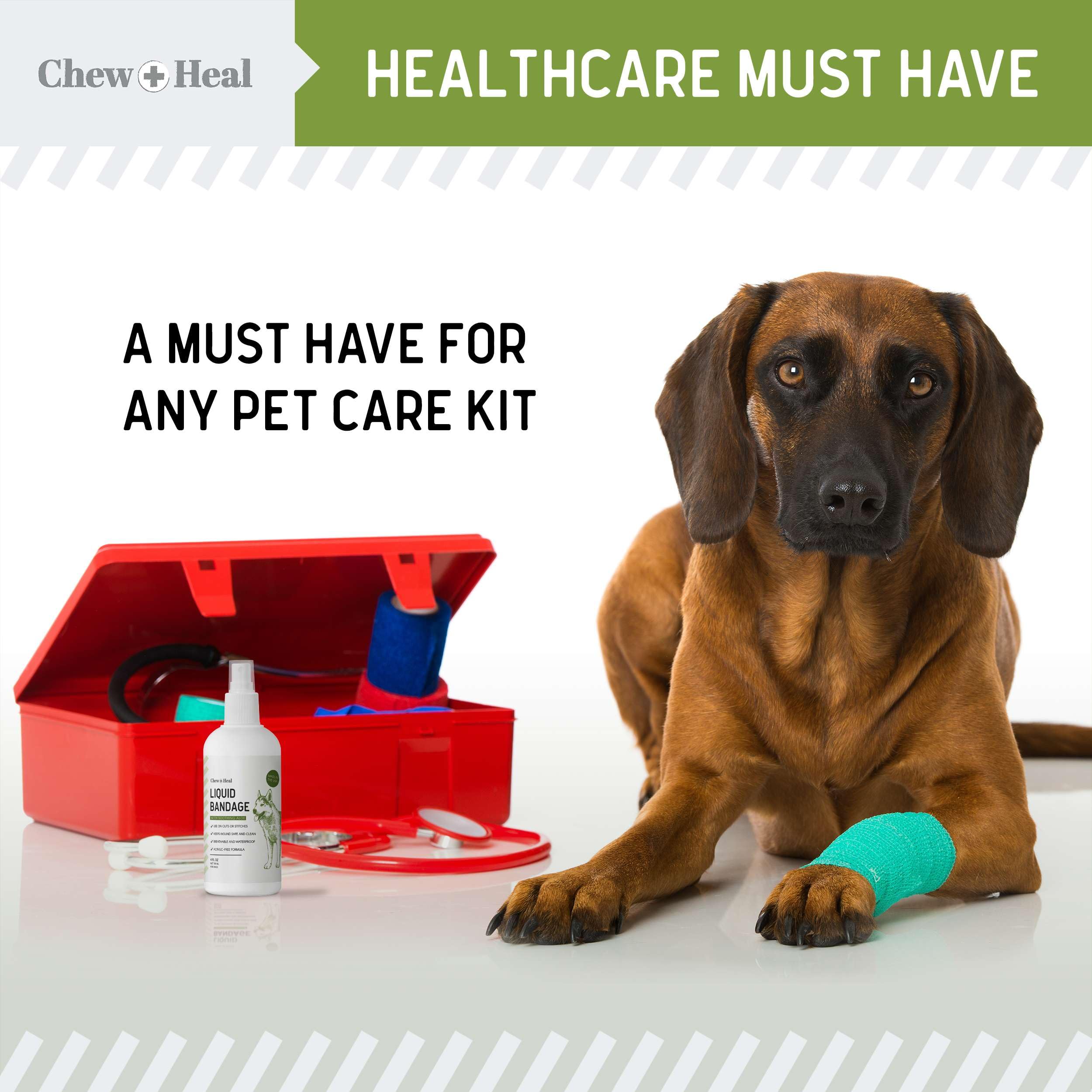 Chew + Heal Labs non-toxic dog bandage spray safe if licked by pets.