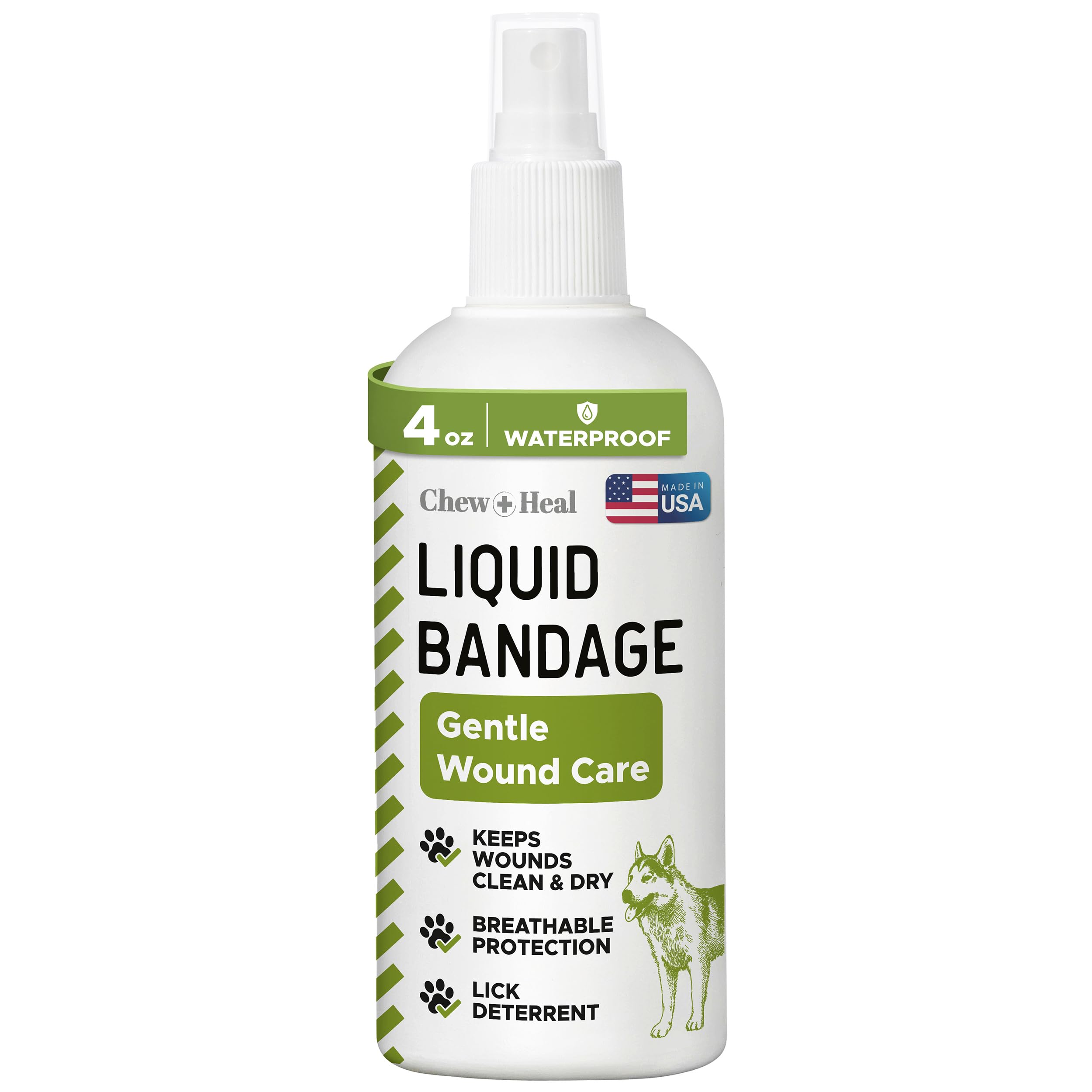 Chew + Heal Labs pet liquid bandage spray for dogs with aloe provides breathable protection.