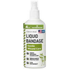 Chew + Heal Labs pet liquid bandage spray for dogs with aloe provides breathable protection.