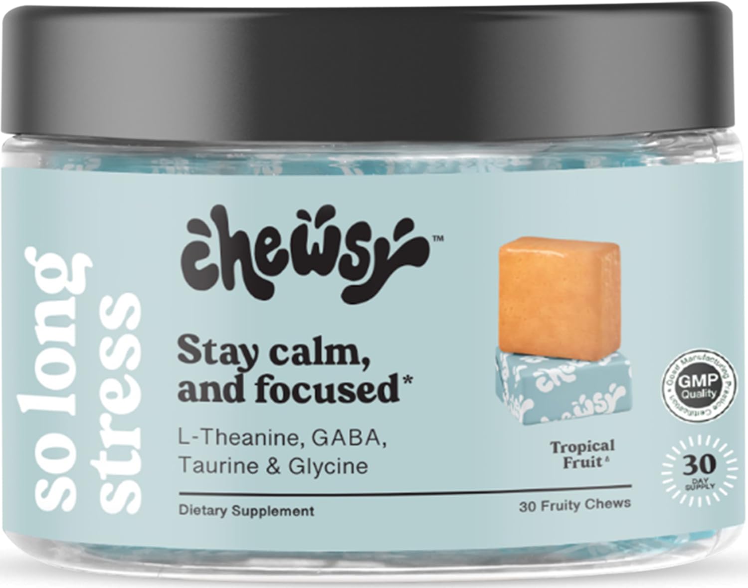 Chewsy So Long Stress bottle with tropical fruit chews for calm focus.