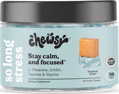 Chewsy So Long Stress bottle with tropical fruit chews for calm focus.