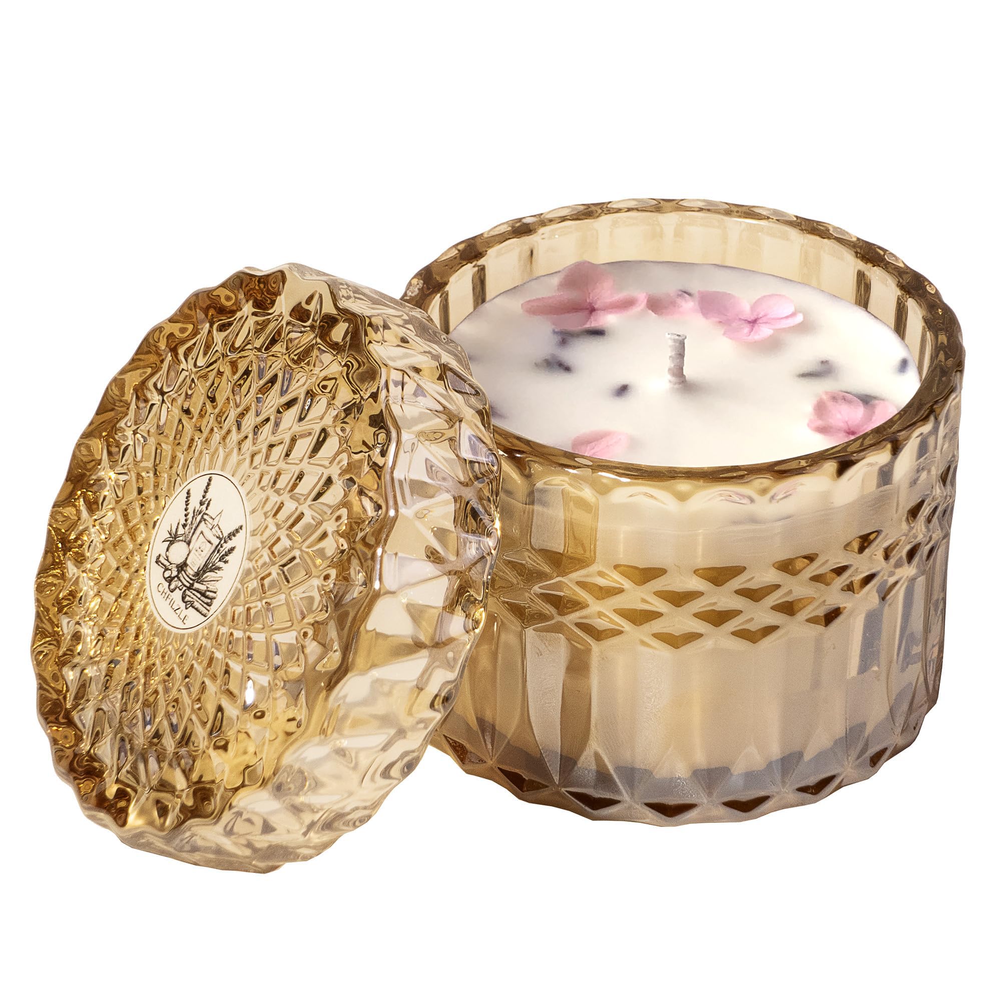 CHFILZLE Lavender Vanilla Candle label highlights premium ingredients and clean design.