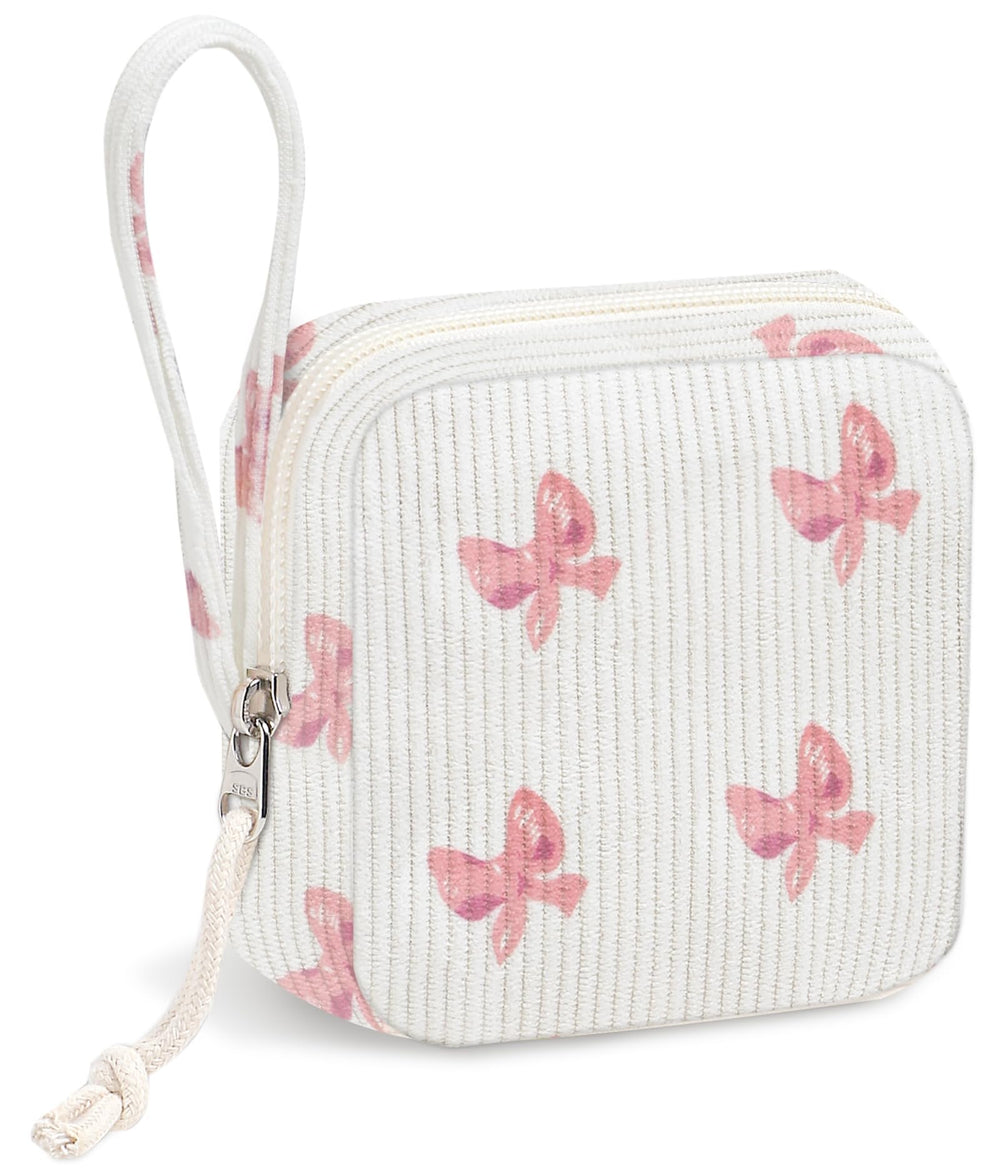 Chicarries bow pink makeup bag stores sanitary items discreetly on the go.