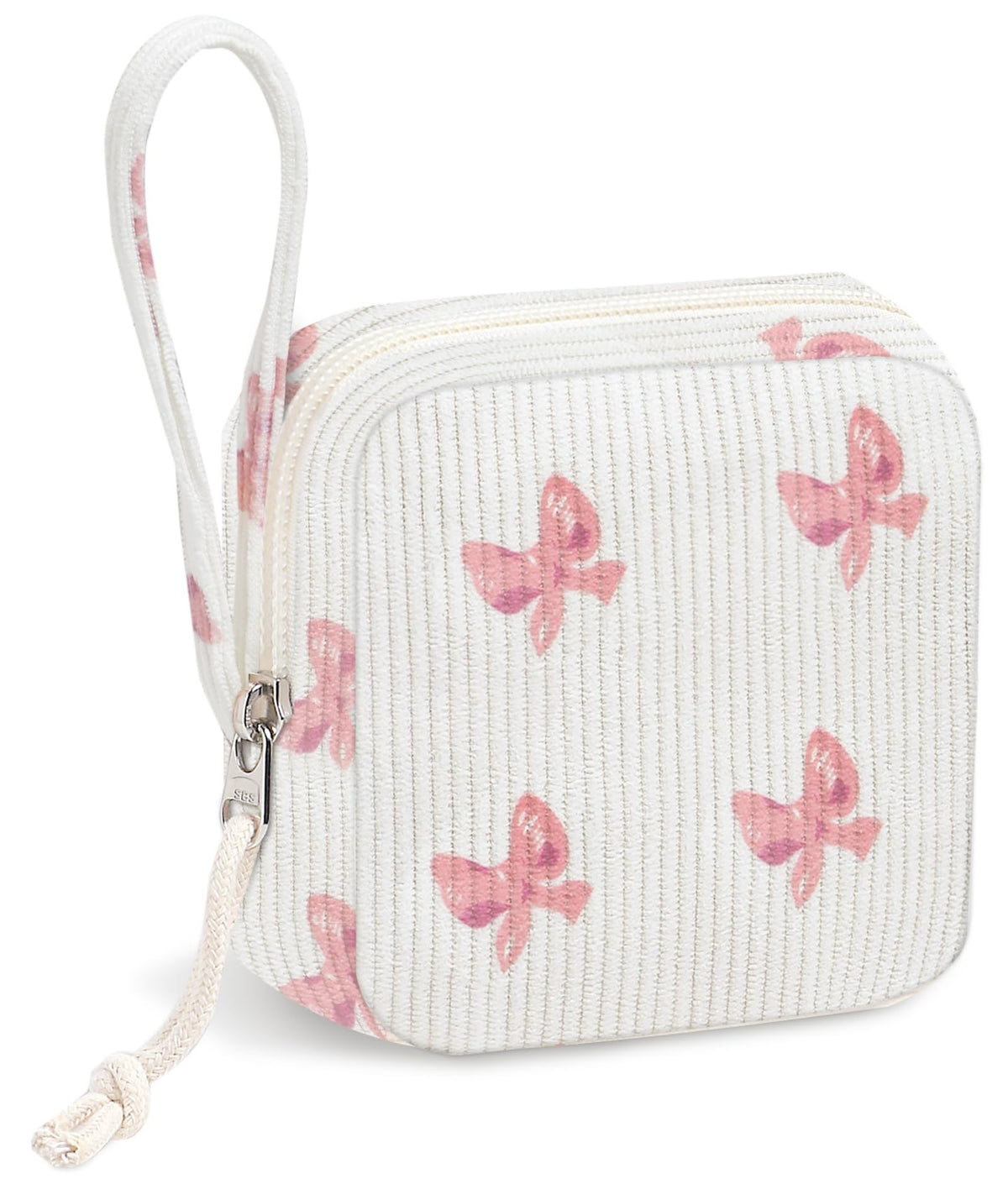 Chicarries bow pink makeup bag stores sanitary items discreetly on the go.