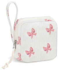 Chicarries bow pink makeup bag stores sanitary items discreetly on the go.
