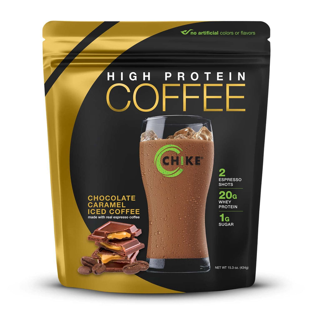 CHIKE chocolate caramel iced coffee bottle highlighting 20 g protein for steady morning energy.