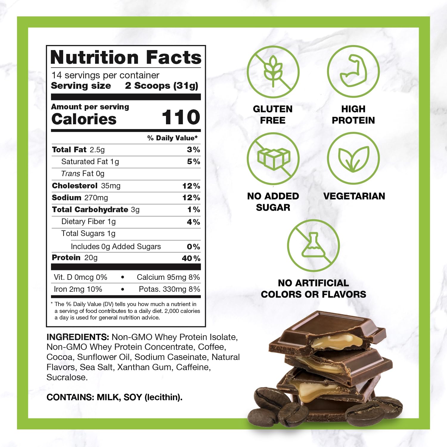 CHIKE glass serve image highlights chocolate caramel flavor and protein boost.