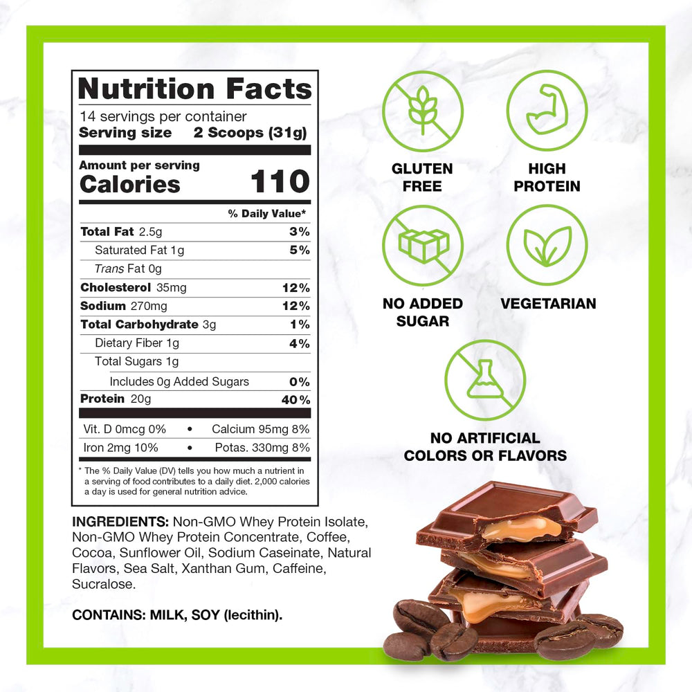 CHIKE glass serve image highlights chocolate caramel flavor and protein boost.