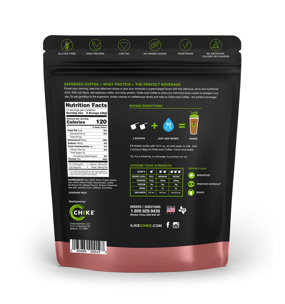 CHIKE Cinnamon Protein Coffee espresso pour highlights bold flavor and caffeine