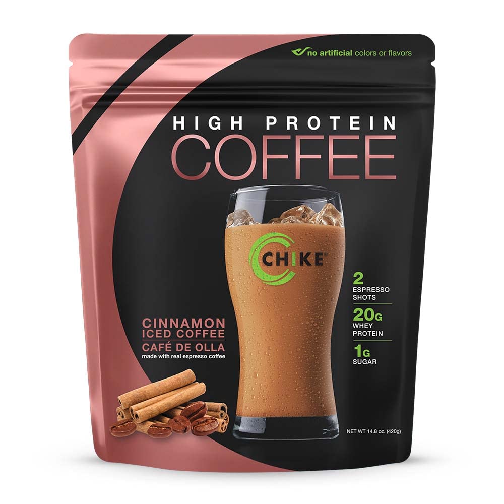CHIKE Cinnamon Protein Coffee iced cup shows a creamy protein boost for mornings