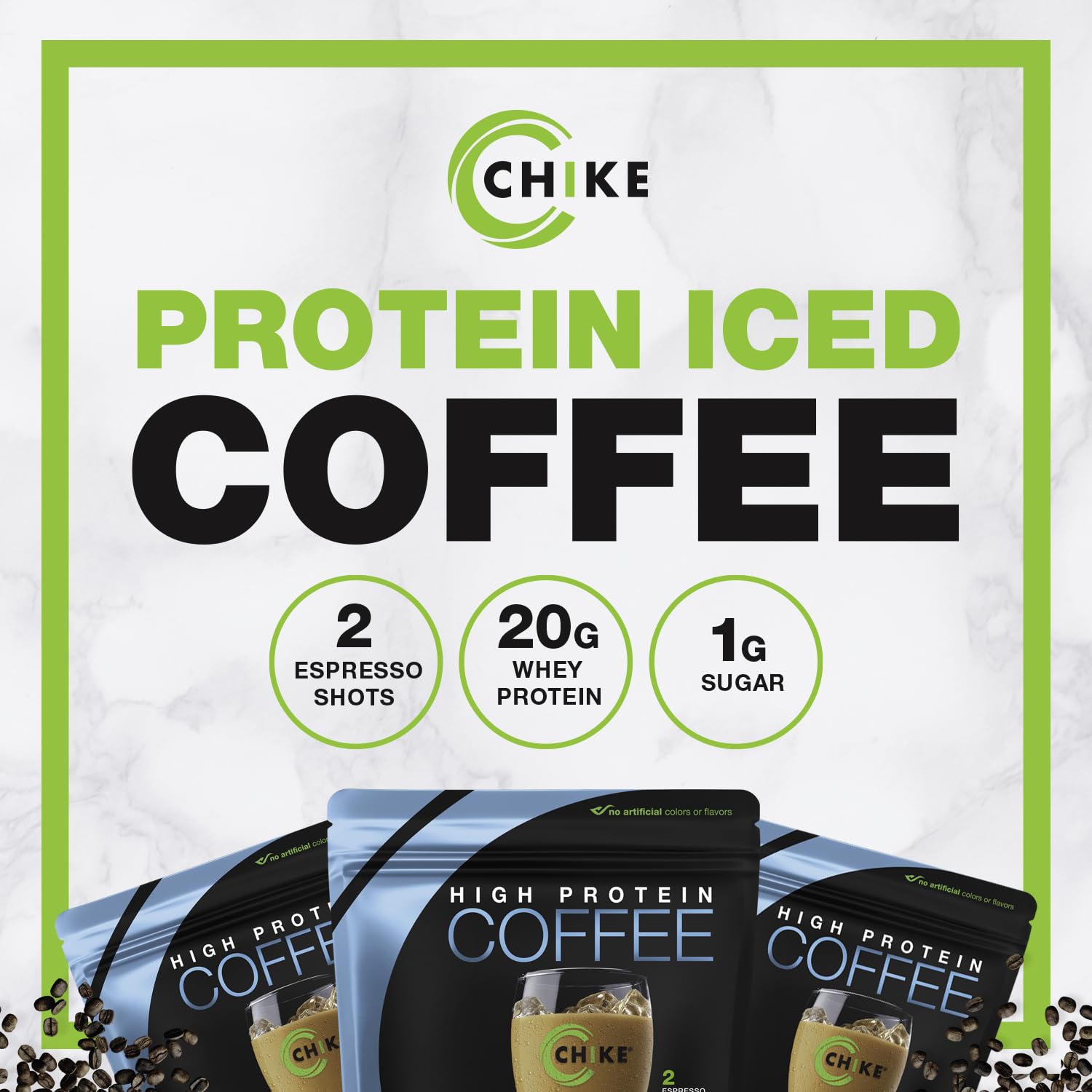 CHIKE Original label close-up, caffeinated flavor with 150 mg caffeine per serving.