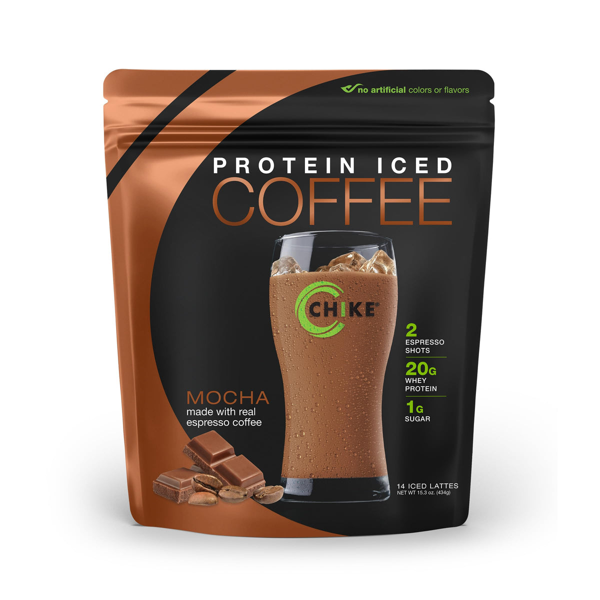 CHIKE Mocha High Protein Iced Coffee bottle showing bold mocha flavor for a morning energy boost