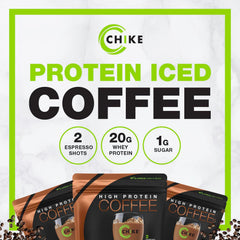 CHIKE Mocha High Protein Iced Coffee glass with ice for a refreshing pick-me-up