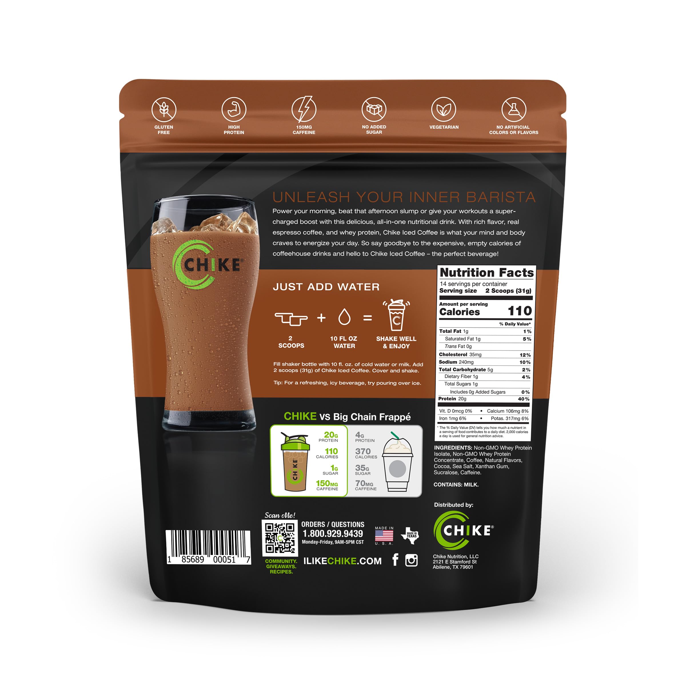 CHIKE Mocha High Protein Iced Coffee label close up highlighting non-GMO whey protein