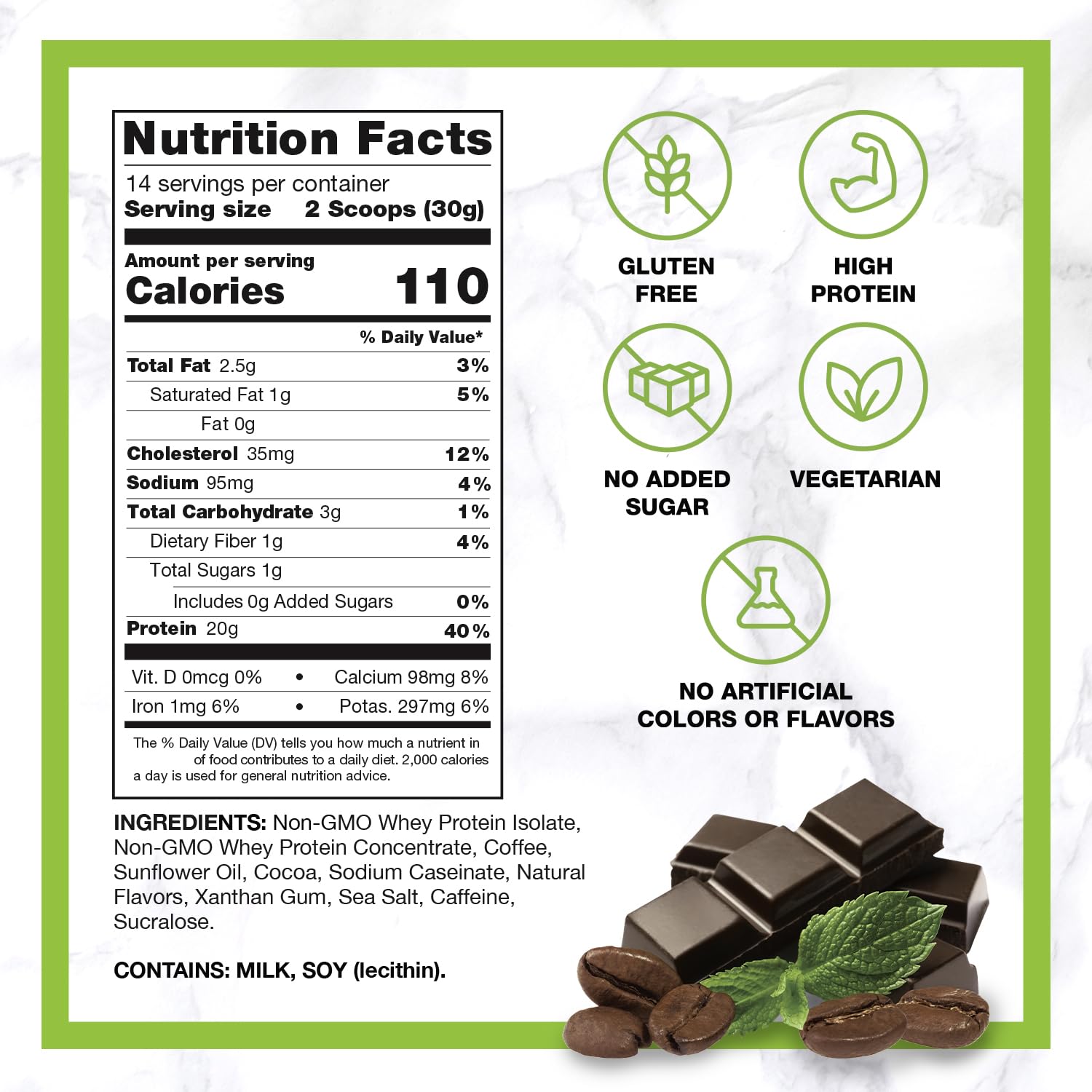 CHIKE Mocha Mint bottle side label highlights keto friendly gluten free ingredients.