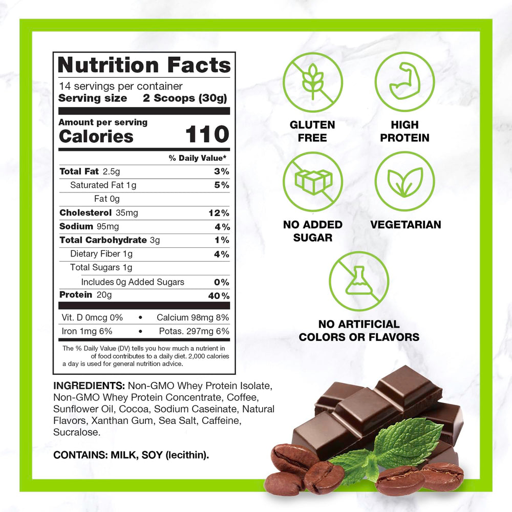 CHIKE Mocha Mint bottle side label highlights keto friendly gluten free ingredients.