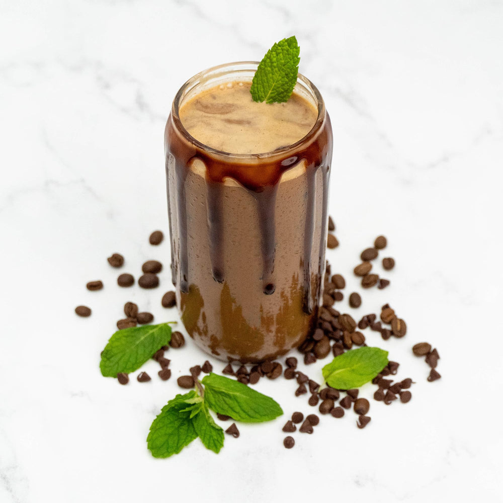 CHIKE Mocha Mint ingredients close-up emphasizes real coffee and whey protein.