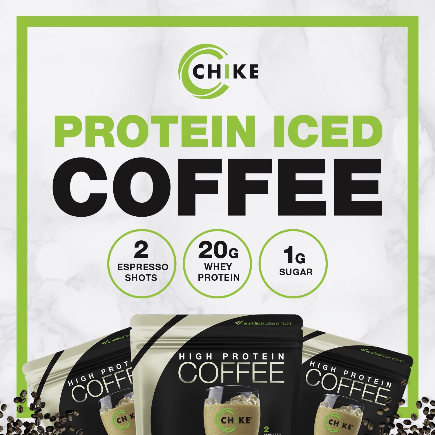 ChIKE Espresso Coffee bottle closeup showing real espresso flavor in protein drink