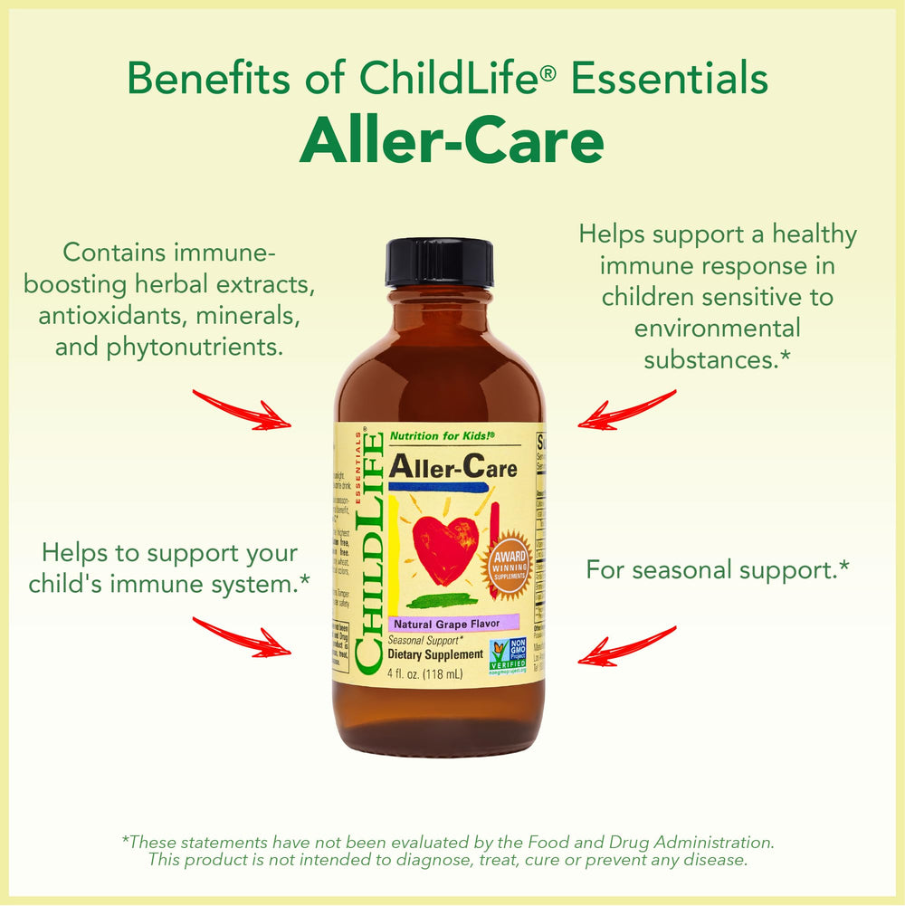 Elderberry-rich Aller-Care bottle highlights natural ingredients for routines.