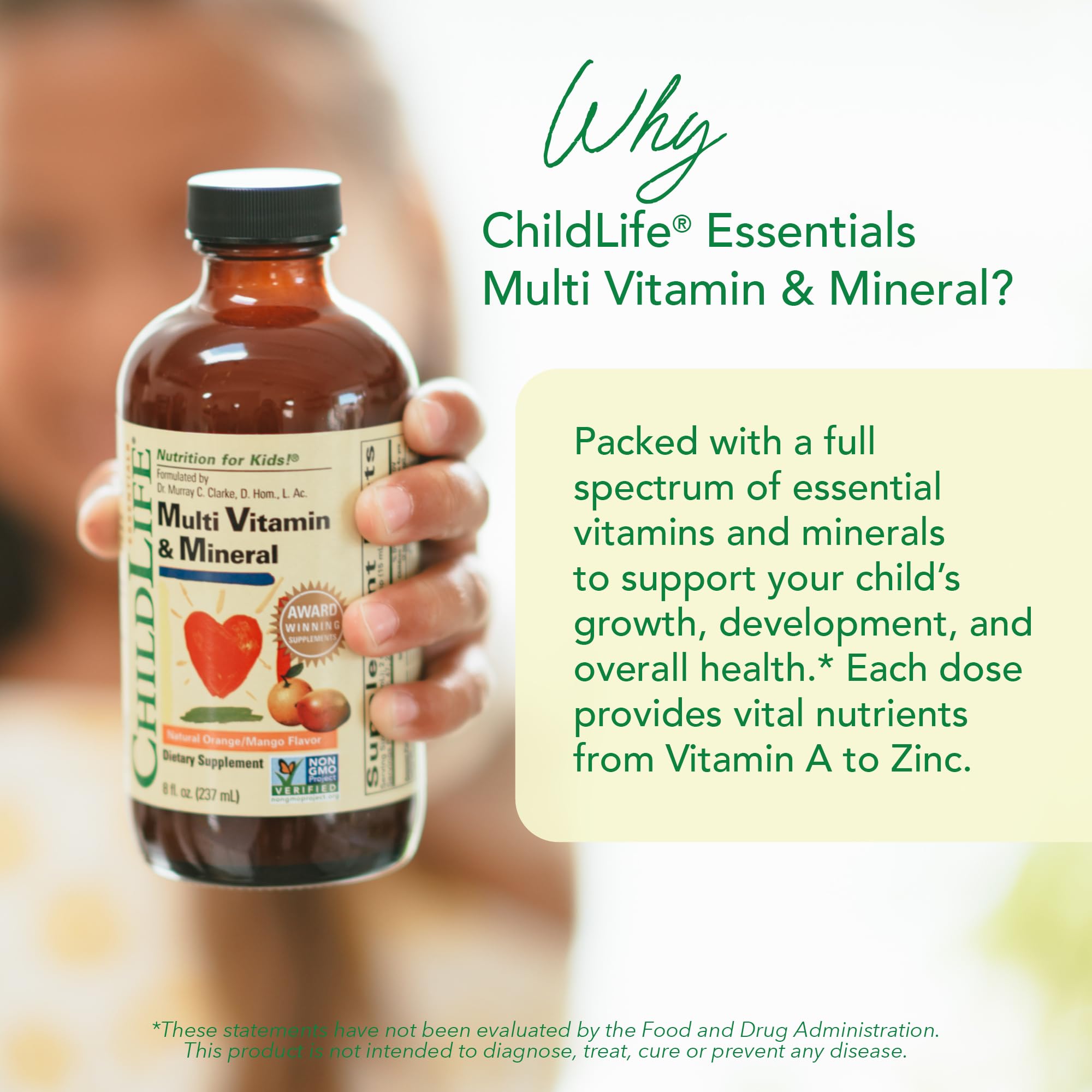 CHILDLIFE ESSENTIALS bottle label close-up showing nutrients and ingredients.