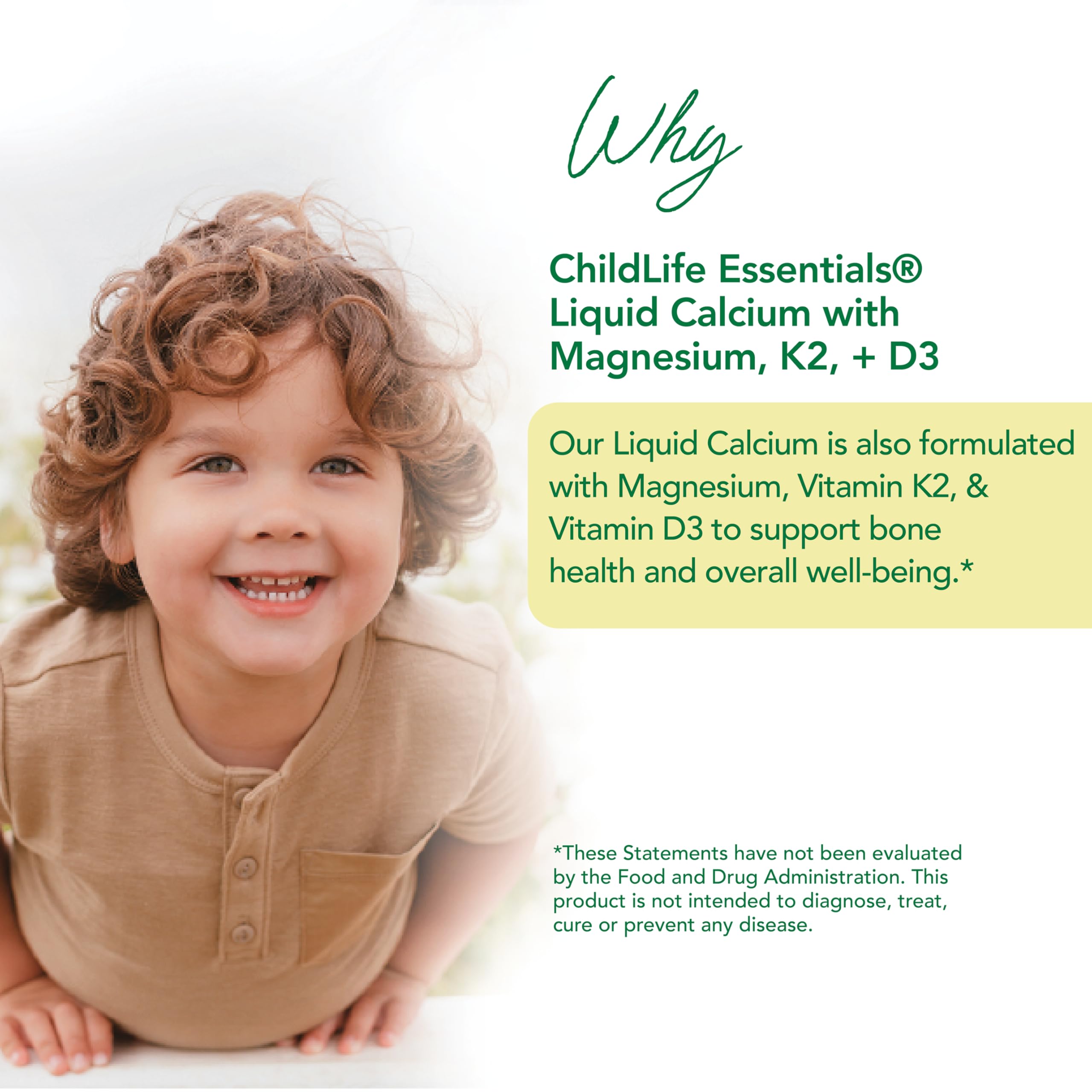 ChildLife Essentials ingredients: calcium, magnesium, vitamin D3, K2 for bone support.
