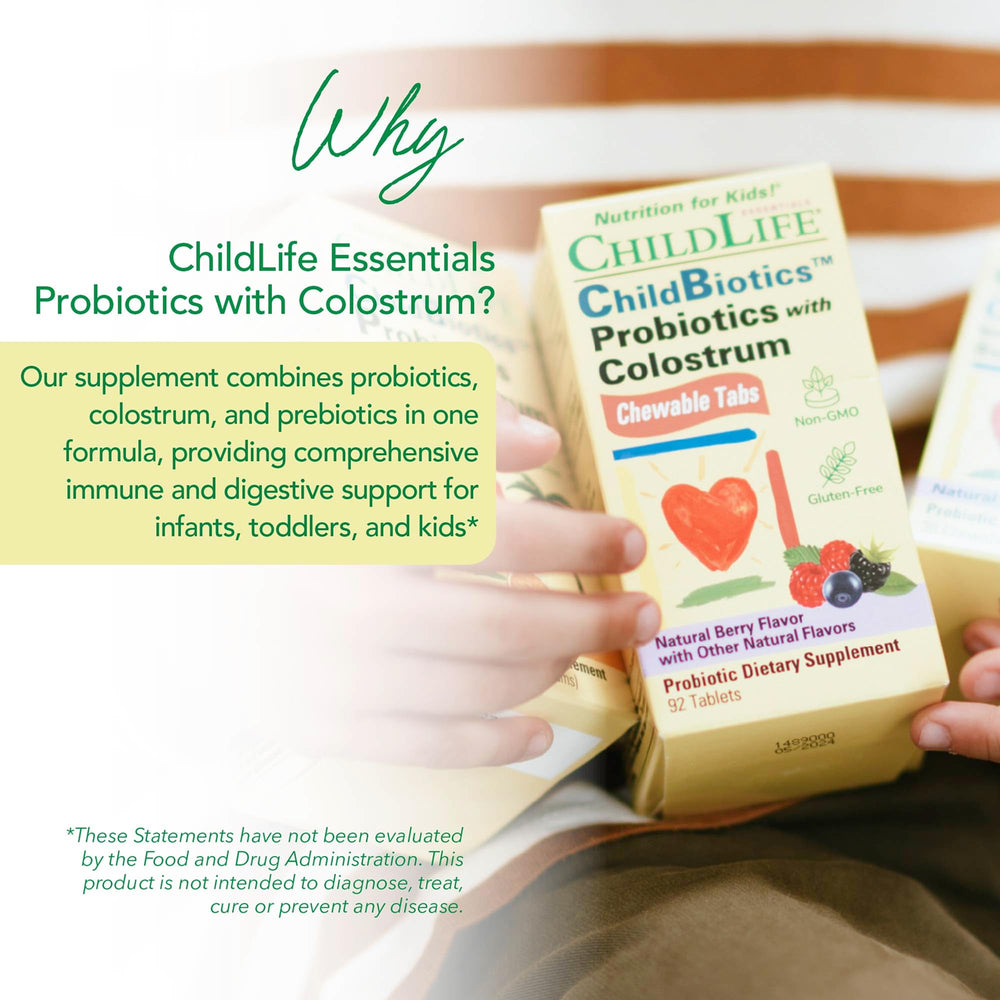 CHILDLIFE ESSENTIALS ChildBiotics tablets close-up highlighting probiotic and colostrum blend for immune support.