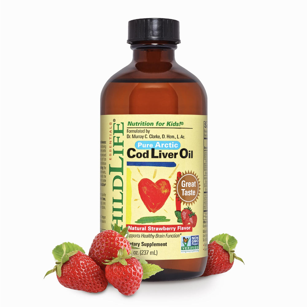 ChildLife Essentials cod liver oil kids bottle highlights pure Arctic omega-3 for brain support.