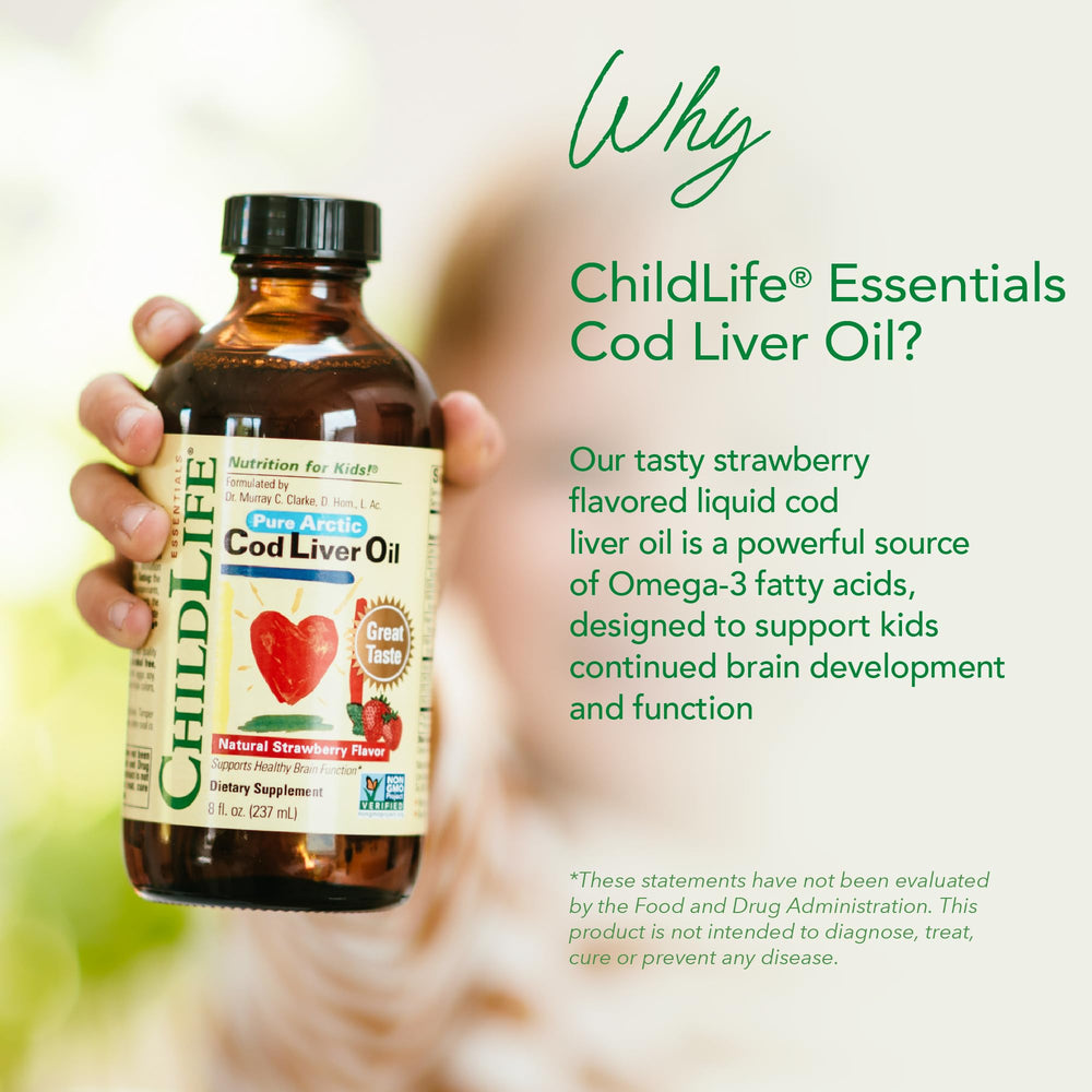 CHILDLIFE Essentials label highlights purity and added DHA for brain nutrition