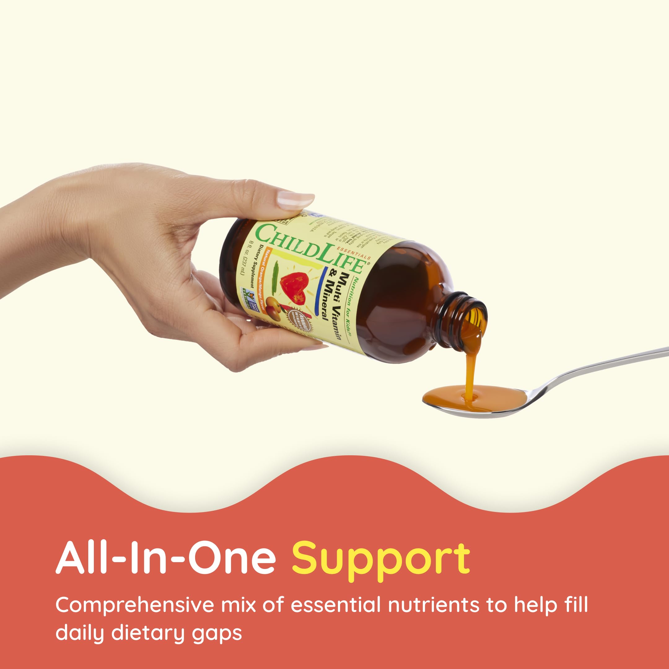 Child-friendly dose shown with CHILDLIFE Essentials daily administration.