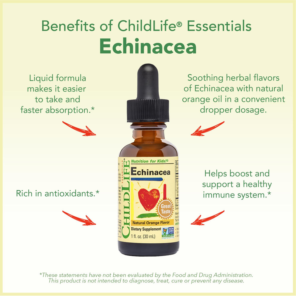 ChildLife Essentials Echinacea angustifolia and purpurea blend bottle on a shelf.