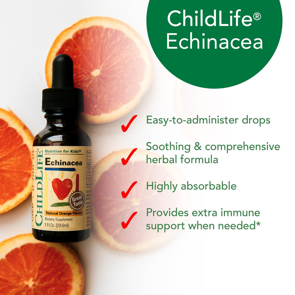 CHILDLIFE ESSENTIALS Echinacea for Kids drops dropper tip enables easy administration.
