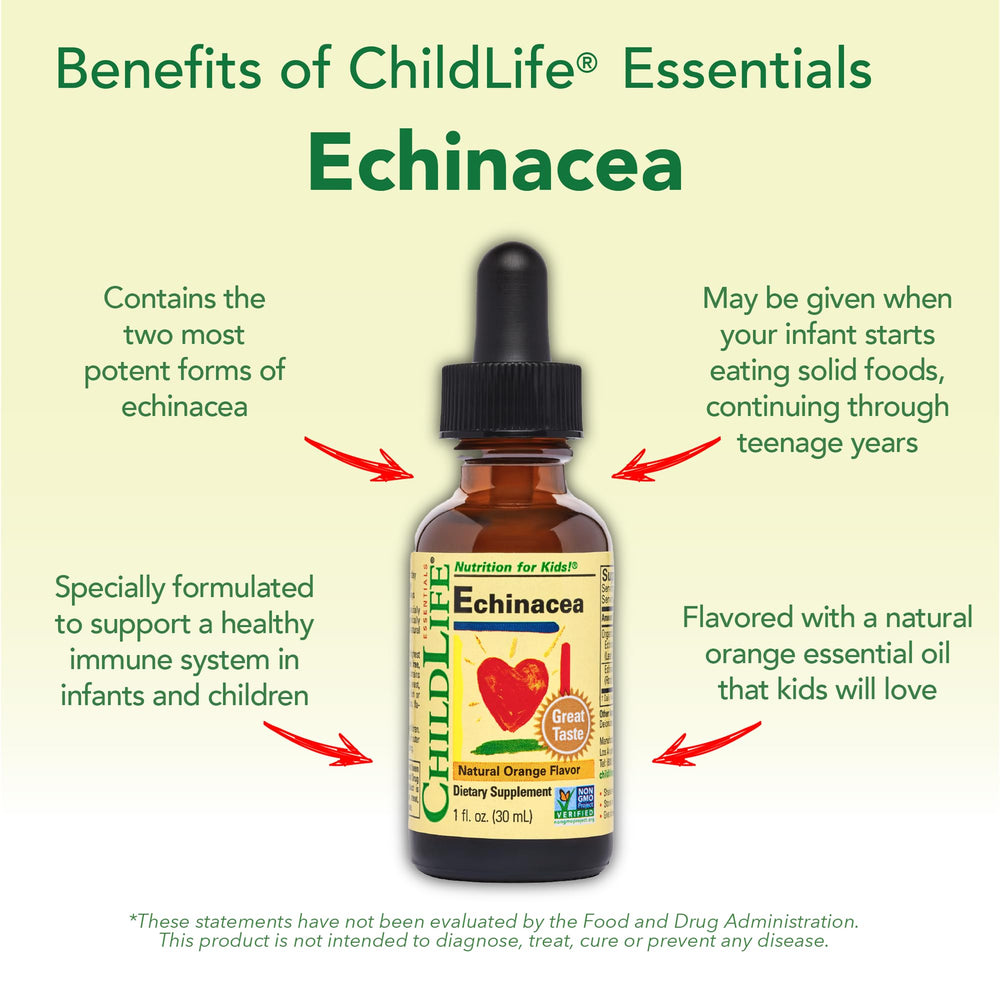 CHILDLIFE ESSENTIALS Echinacea for Kids packaging shows alcohol-free formula.