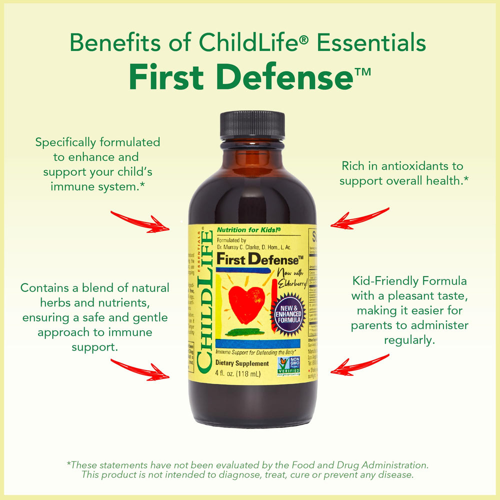 ChildLife Essentials Elderberry-enhanced First Defense bottle promotes family-friendly routines.