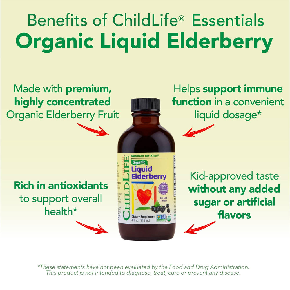 Dosed teaspoon beside CHILDLIFE Essentials elderberry syrup for measurement.