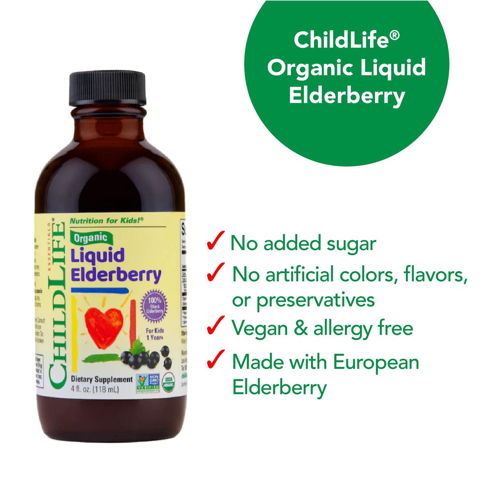 Organic ingredients panel of CHILDLIFE Essentials elderberry syrup highlighting European elderberries.