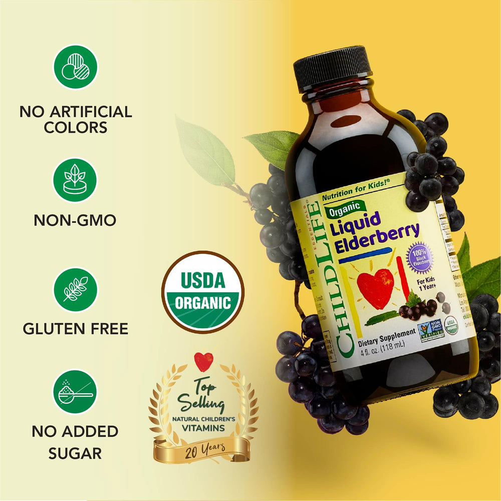 Close-up of CHILDLIFE Essentials elderberry syrup label showing organic and no sugar added.
