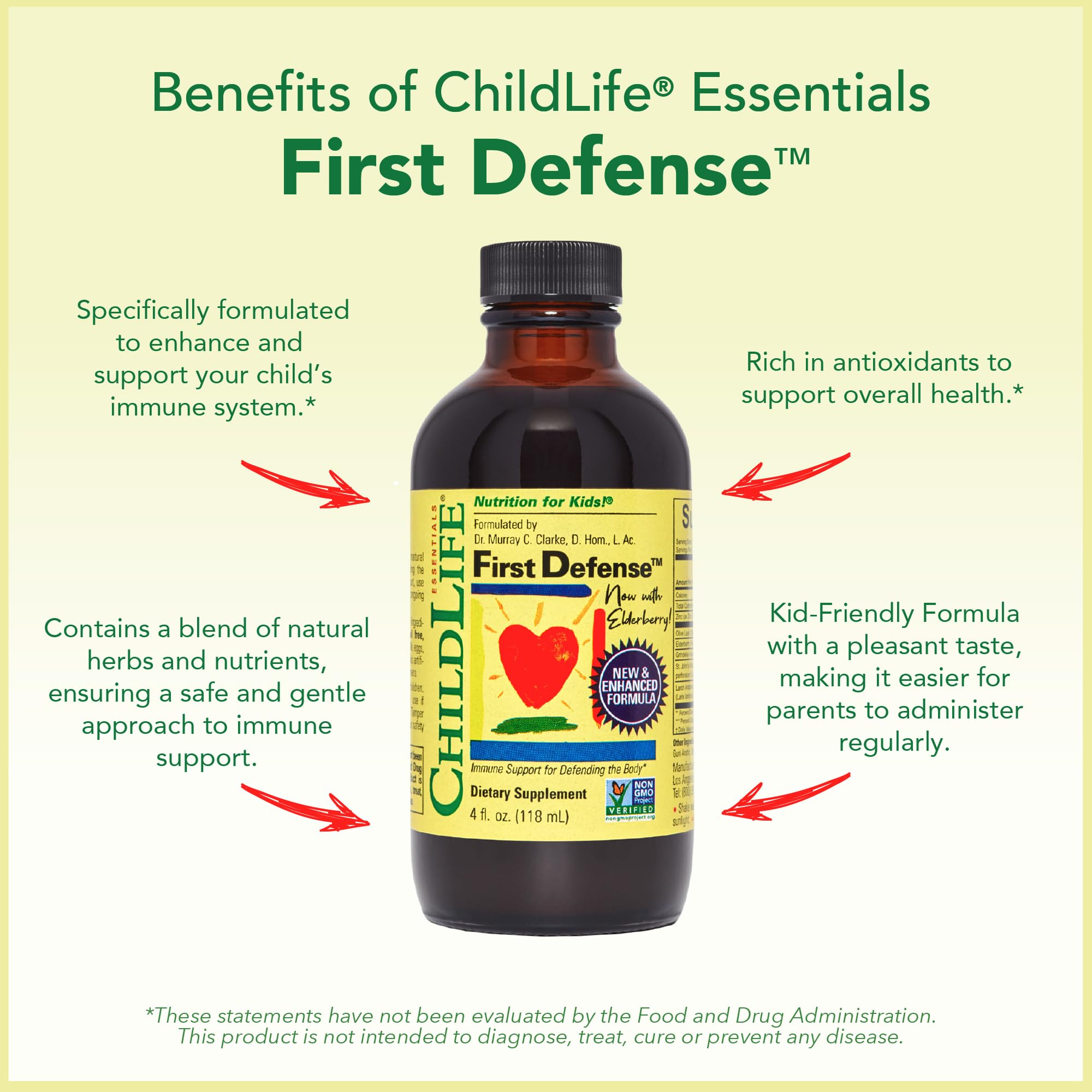 CHILDLIFE ESSENTIALS First Defense gluten-free, non-GMO label for quick reassurance