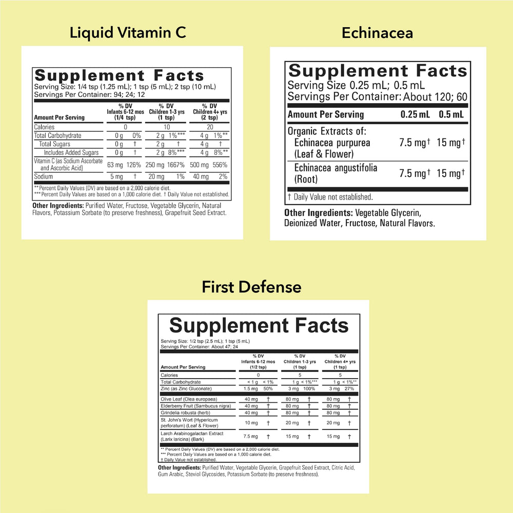 ChildLife Essentials First Defense bottle featuring elderberry for kids' immune support.