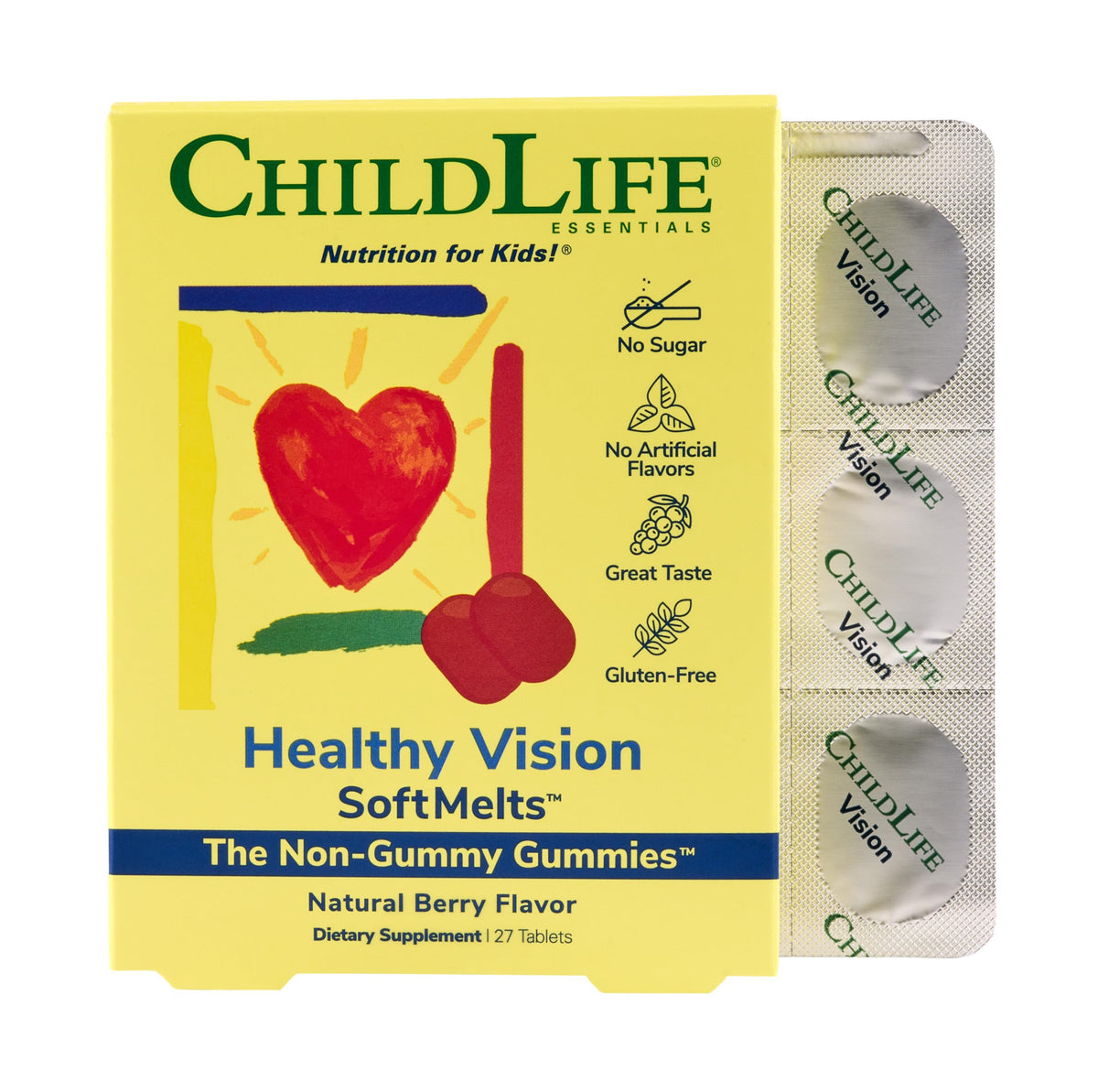CHILDLIFE ESSENTIALS Healthy Vision SoftMelt bottle for daily eye support.