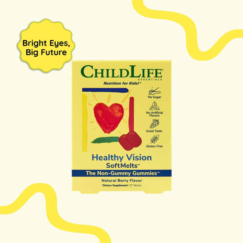 CHILDLIFE ESSENTIALS label highlights lutein and zeaxanthin for eye health.