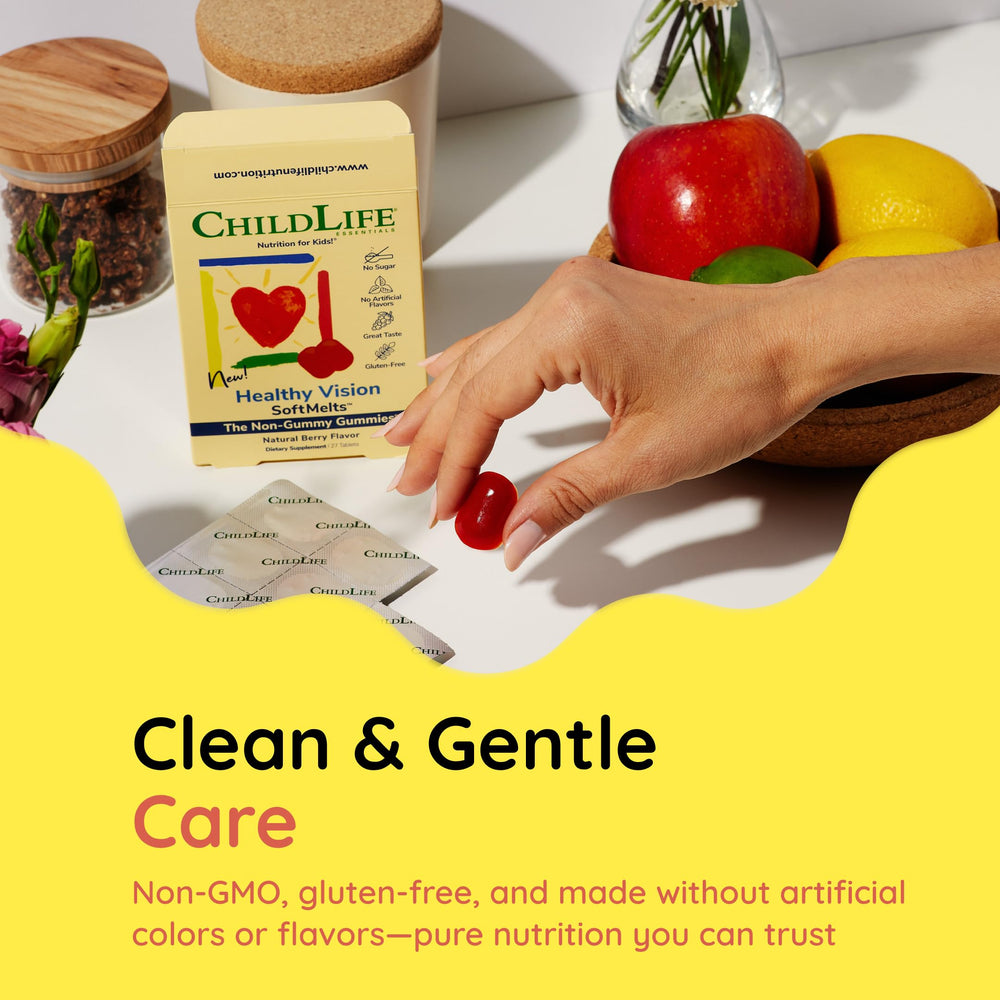 CHILDLIFE ESSENTIALS packaging and ingredients emphasize natural, sugar-free formula.