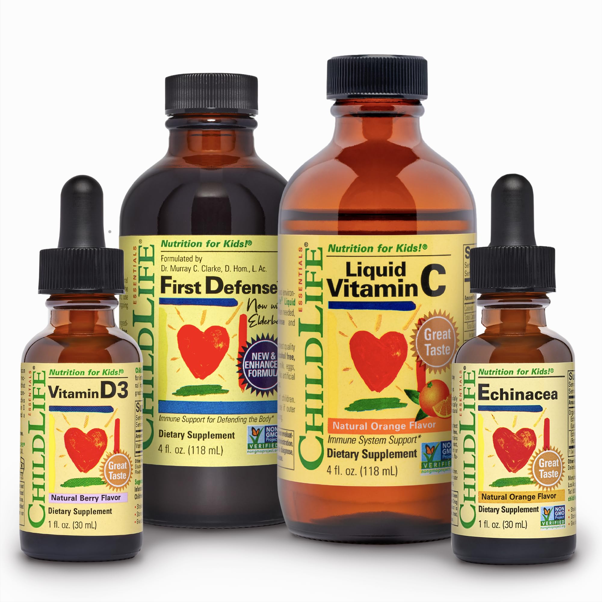 ChildLife Essentials Immune Support 4-Pack bottle shows kid-friendly liquid vitamins for daily immune support.