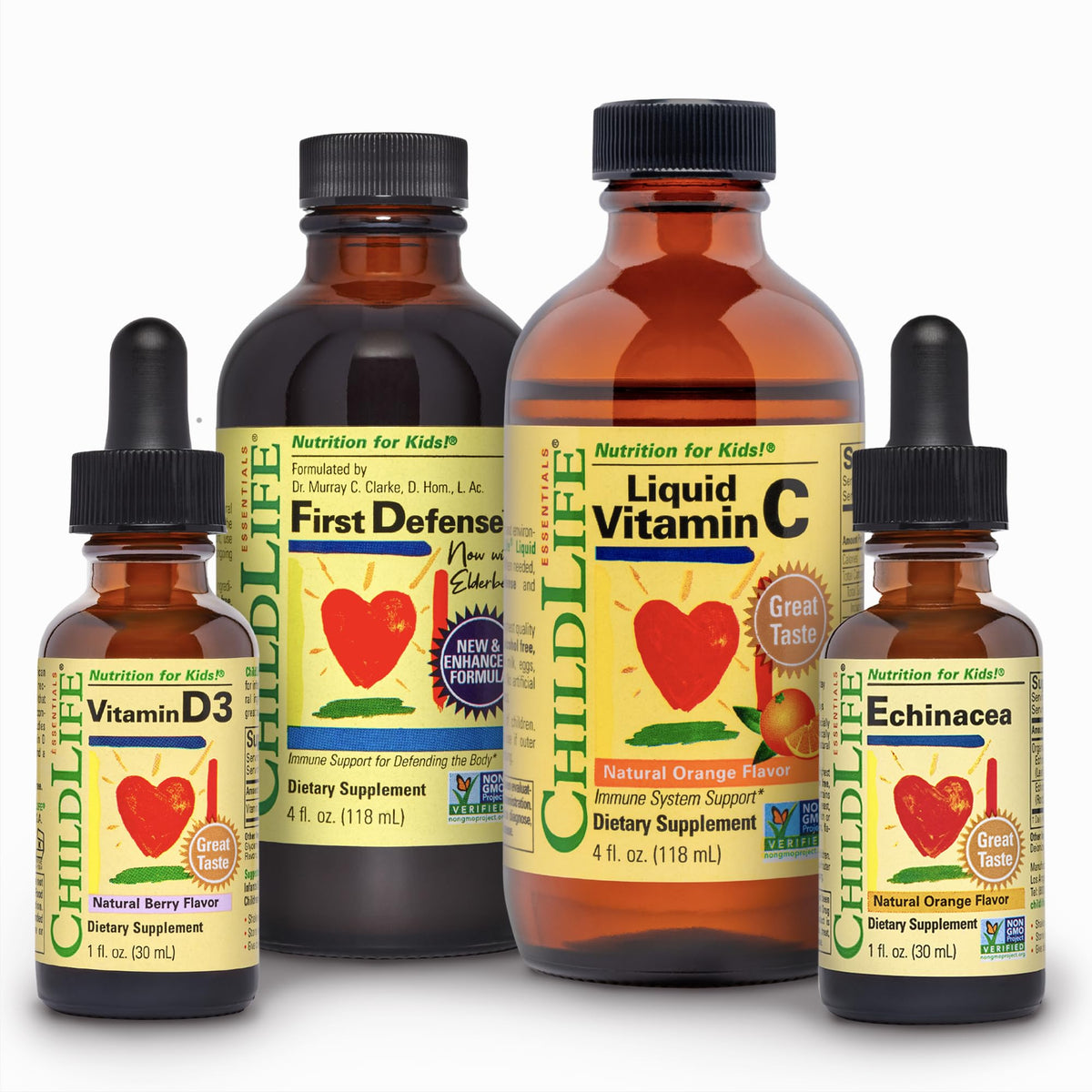ChildLife Essentials Immune Support 4-Pack bottle shows kid-friendly liquid vitamins for daily immune support.