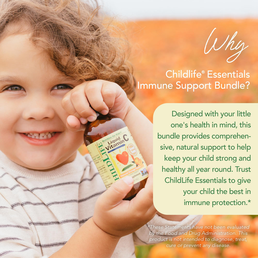 ChildLife Essentials Immune Support 4-Pack label highlights vitamin D3 and C for kids.